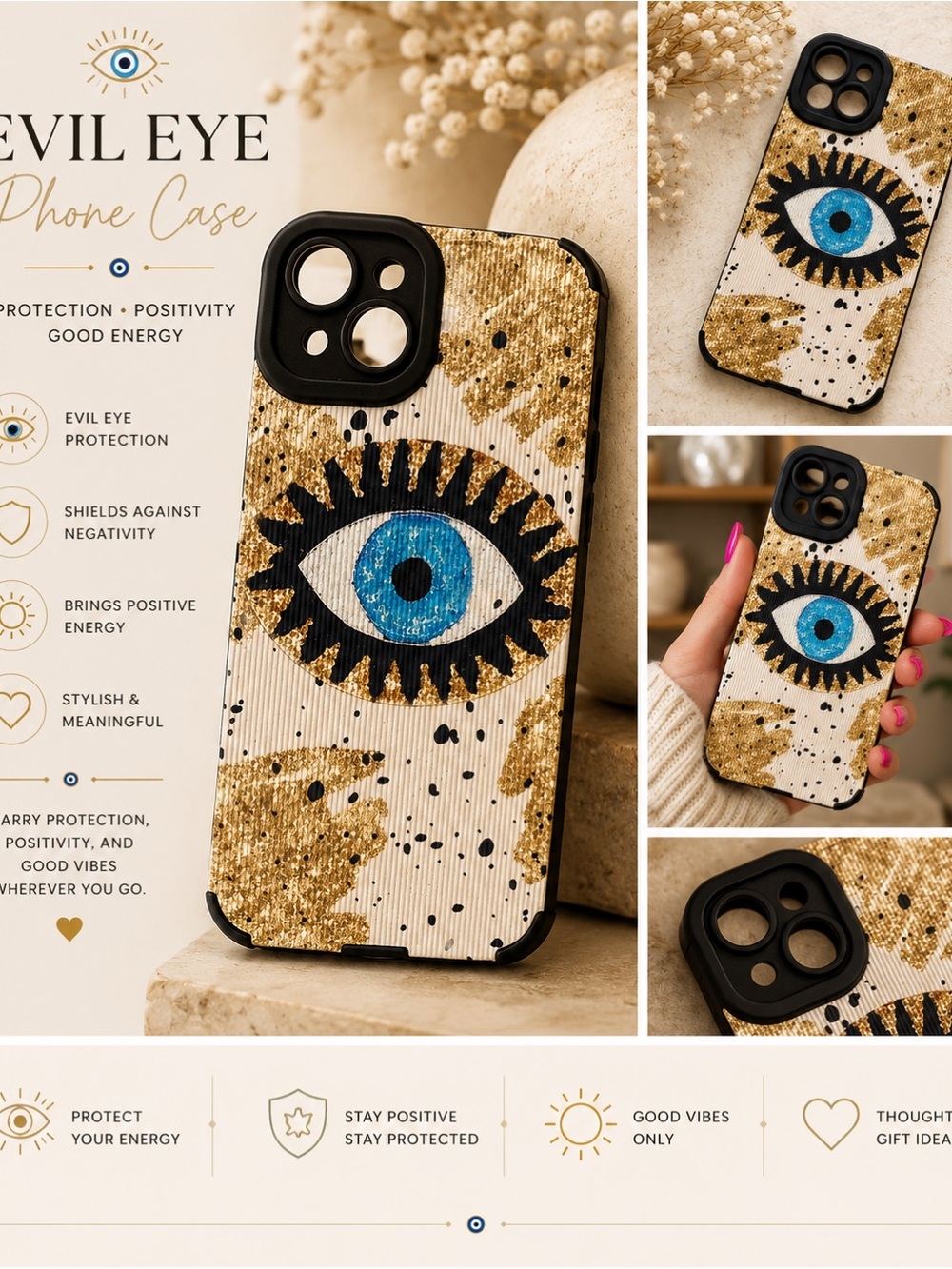 Evil Eye Protective Phone Case - Gold & Blue iphone 15 plus